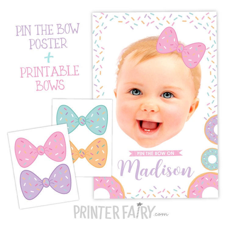 Donut Birthday Party Personalized Pin The Bow Game, Digital Printable