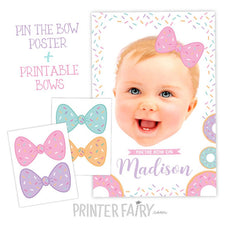 Donut Birthday Party Personalized Pin The Bow Game, Digital Printable