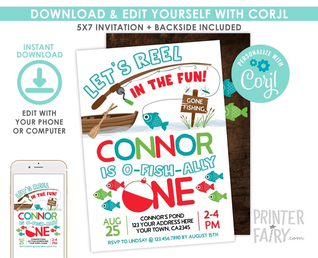 Fishing First Birthday Invitation, O-Fish-ally One (Digital Invitation)
