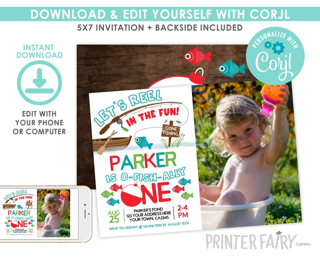 Fishing First Birthday Invitation with Photo, Editable Digital Download