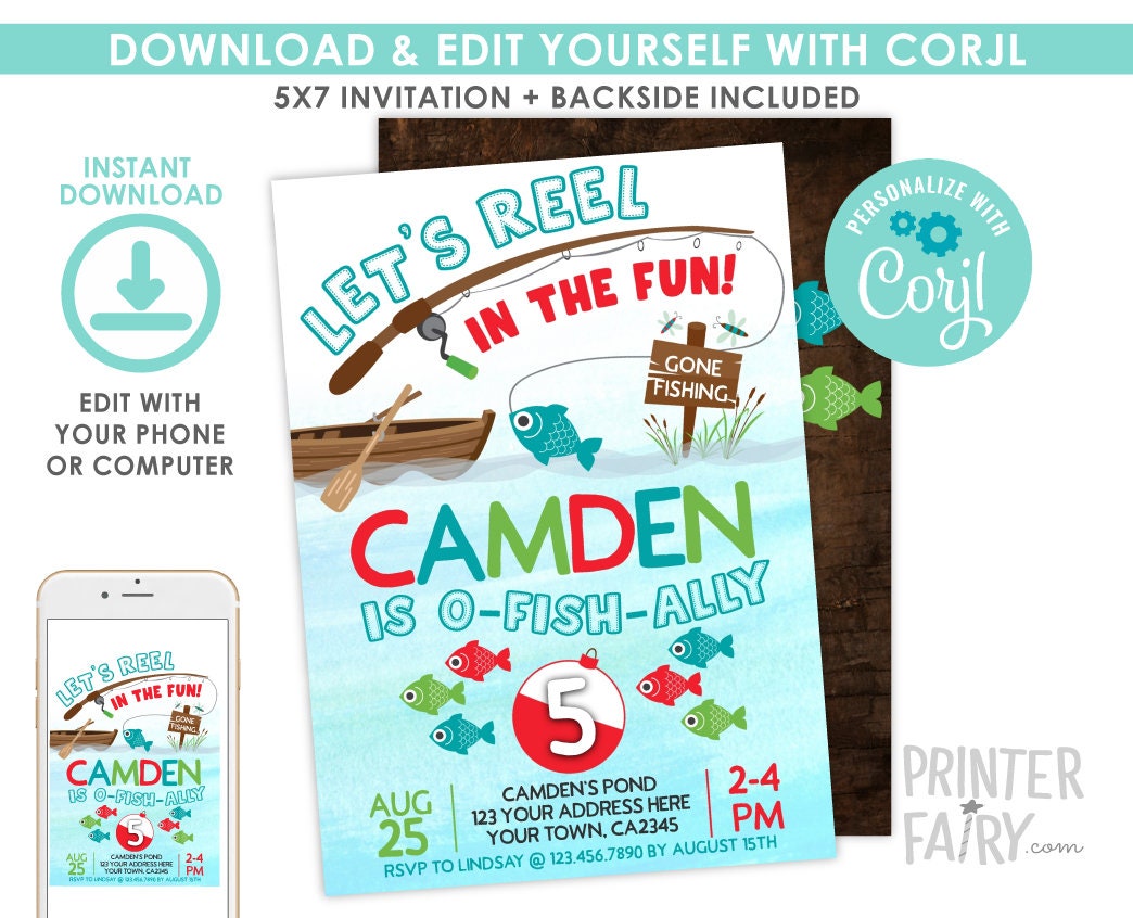 Gone Fishing Birthday Invitation, EDITABLE, Any Age (Digital Invitation)