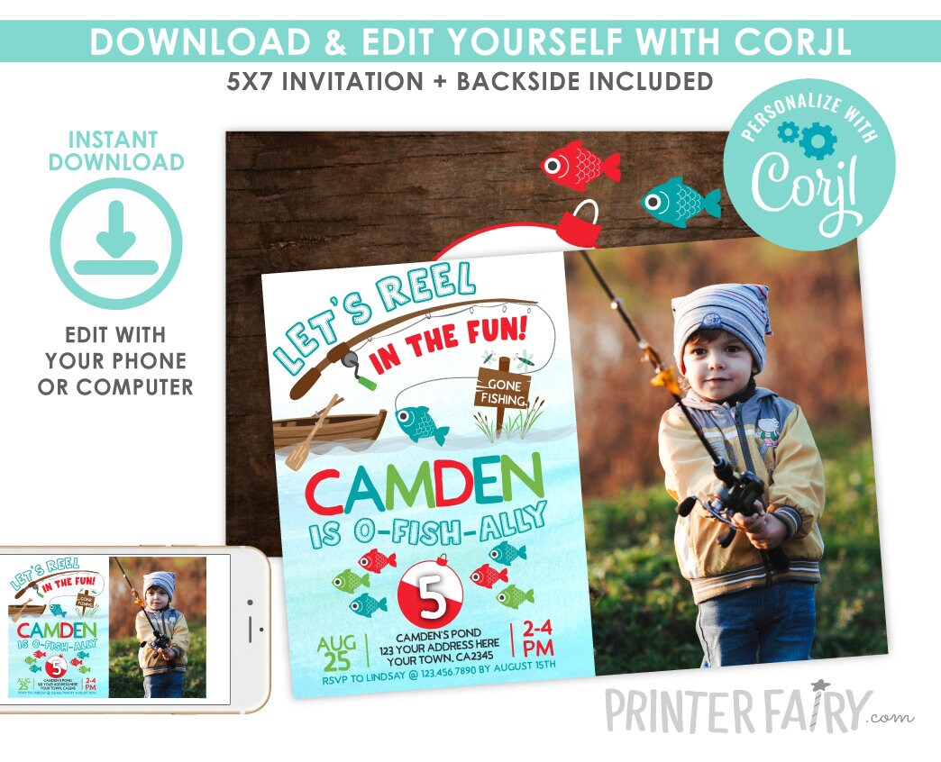 Fishing Birthday Invitation with Photo, Editable Party Invite (Digital)