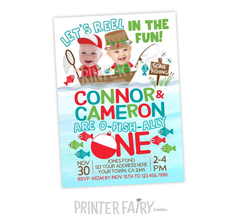 Fishing Birthday Invitation with Photo, Twins, Any Age (Digital)