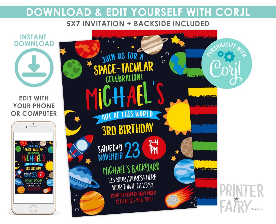 Space Birthday Invitation, Planets, Out of This World, Editable (Digital Download)