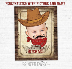 Personalized Pin the Mustache Game, Western Cowboy Birthday Party (Digital Download)