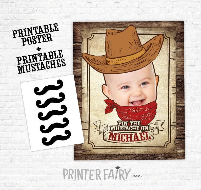 Personalized Pin the Mustache Game, Western Cowboy Birthday Party (Digital Download)