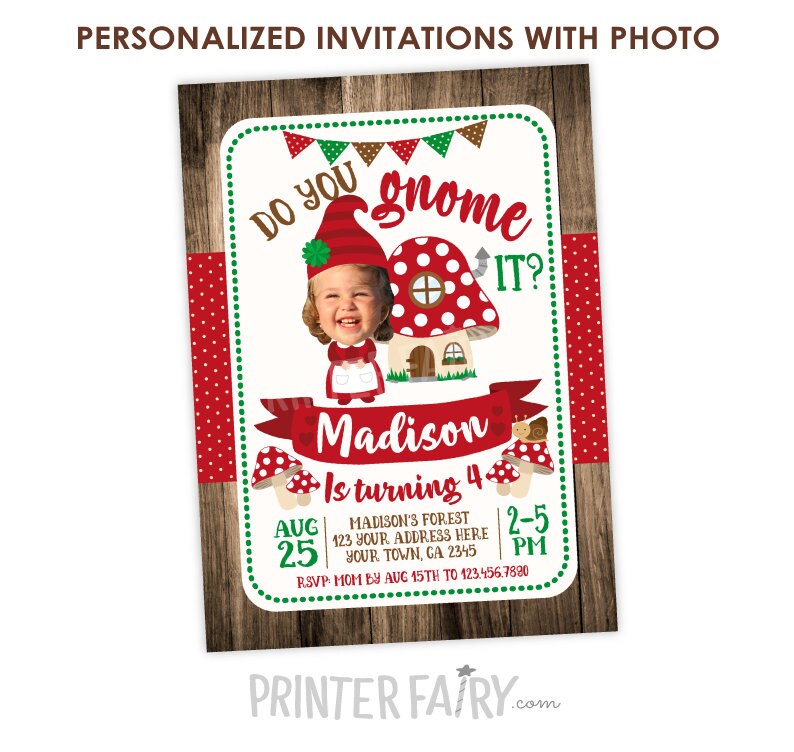 Woodland Gnome Birthday Invitation with Photo (Digital Invite)