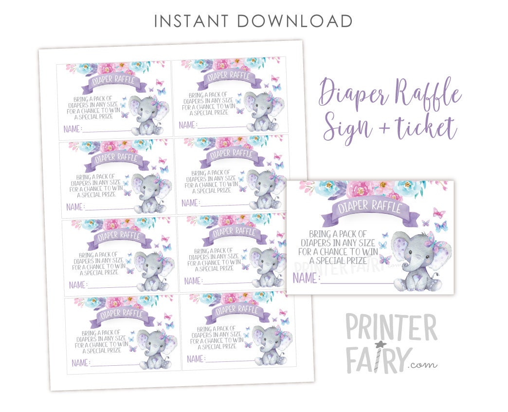Elephant Diaper Raffle Inserts and Sign Instant Download, Girl Baby Shower Activities, First Birthday