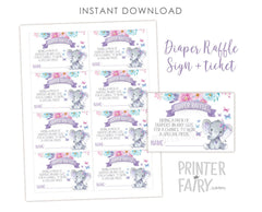 Elephant Diaper Raffle Inserts and Sign Instant Download, Girl Baby Shower Activities, First Birthday
