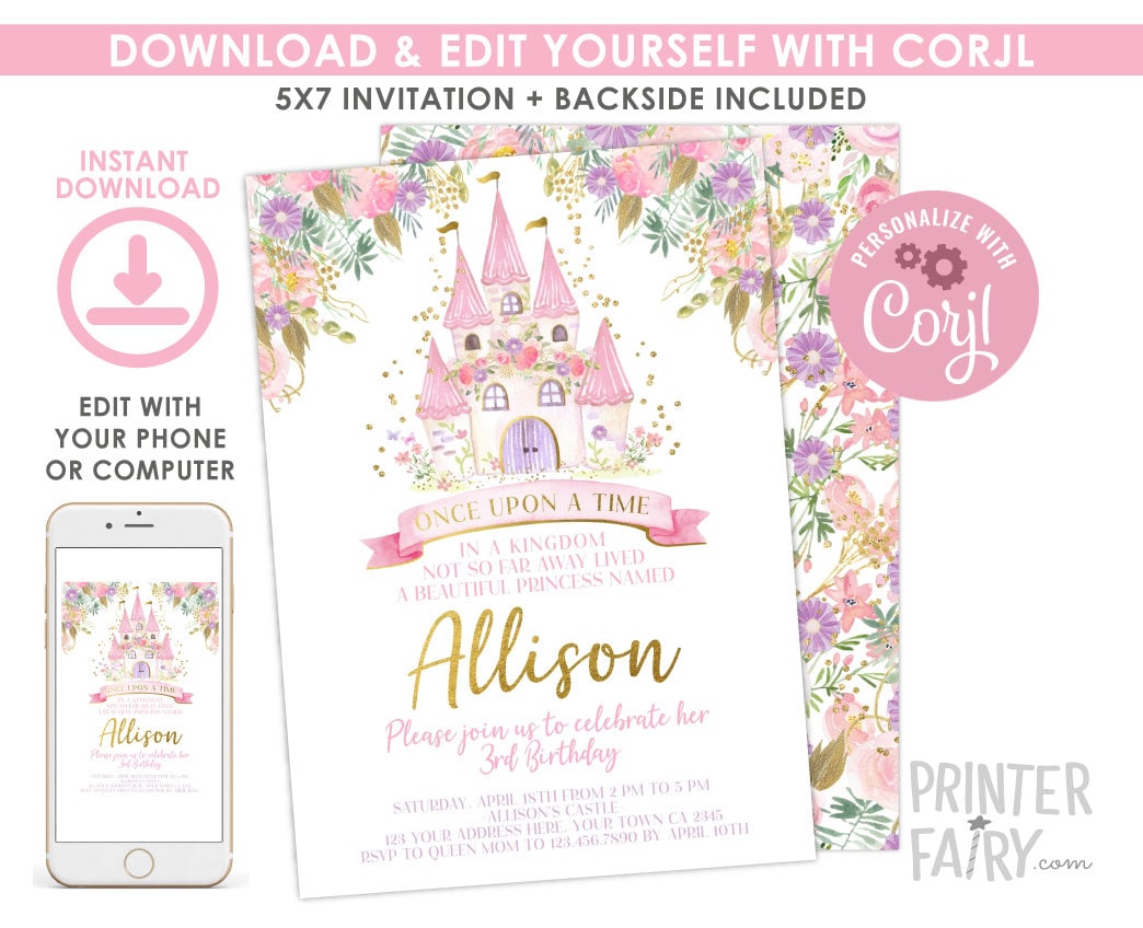 Princess Birthday Party Invitation Editable Template, Instant Download