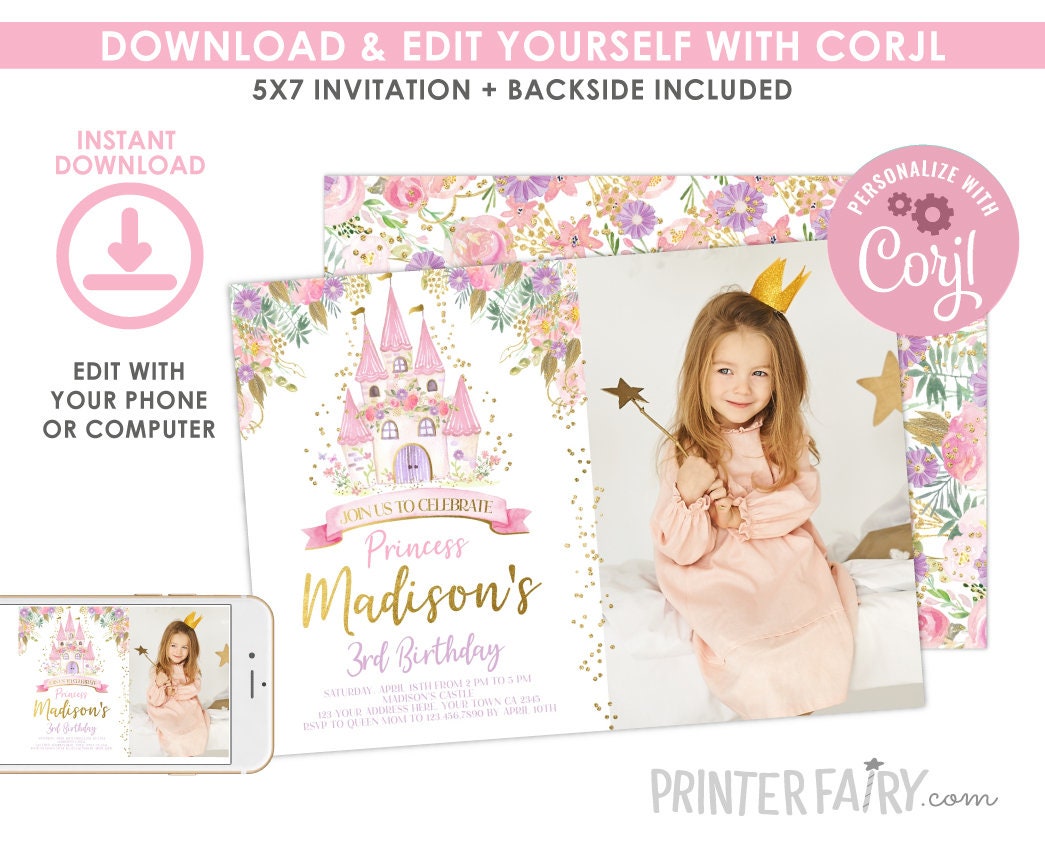 Princess Birthday Invitation Editable Template to personalize with Photo, Instant Download