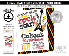 Rockstar Birthday Invitation, Editable Music Party, Guitar Theme (Instant Download)