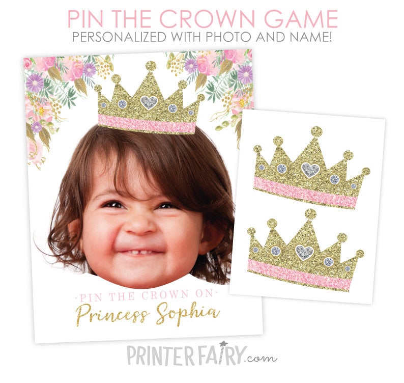Princess Birthday Party Personalized Pin the Crown Game with your Photo, Digital Printable Design