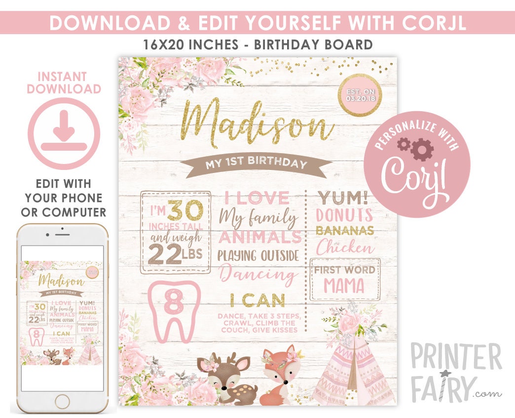 Tribal Woodland Birthday Board, Wild One Girl Party Sign (Digital Download)