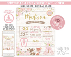 Tribal Woodland Birthday Board, Wild One Girl Party Sign (Digital Download)