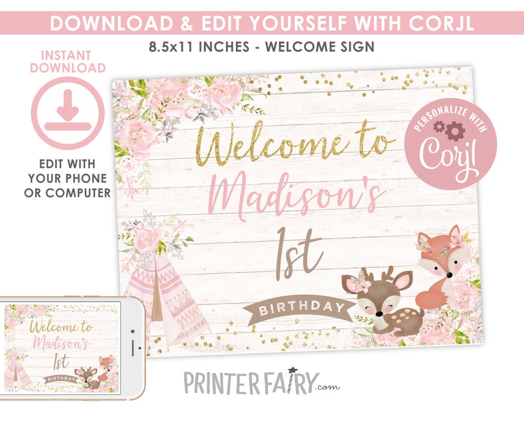 Wild One Girl Birthday Welcome Sign, Woodland Animals (Digital Download)
