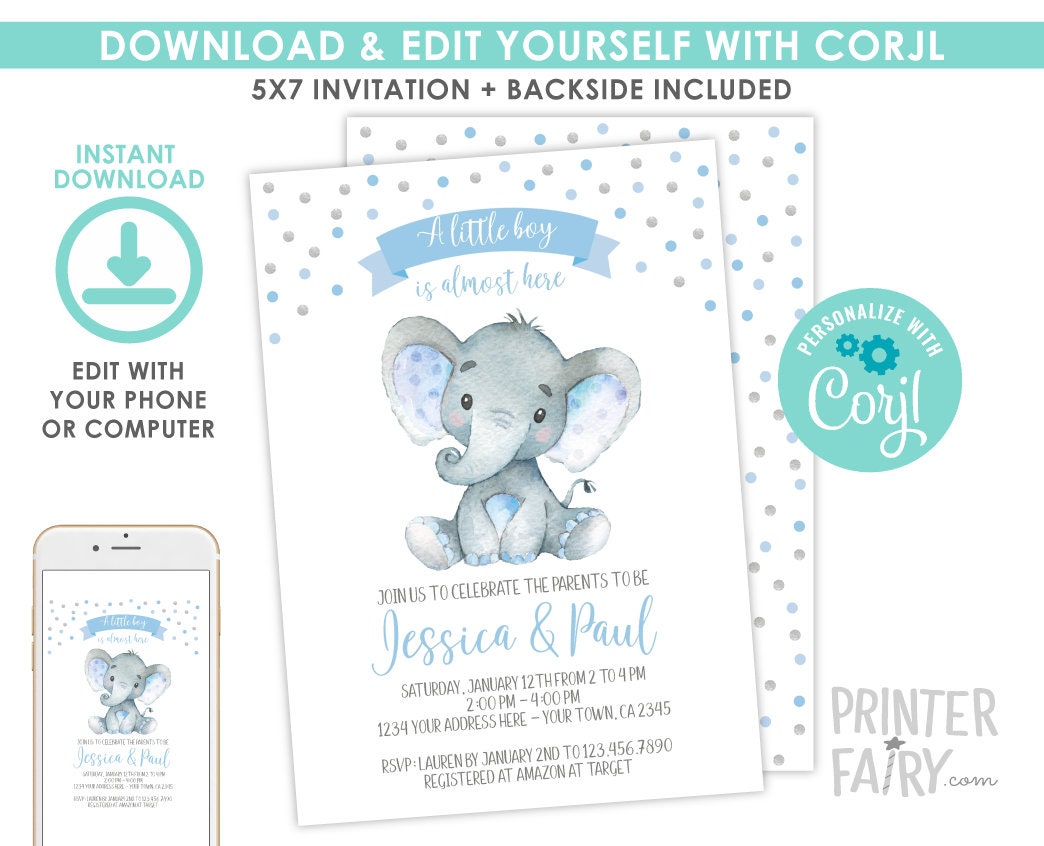 Editable Elephant Baby Shower Invitation, Jungle Theme (Digital Invite)