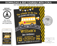 Wheels on the Bus Birthday Invitation, EDITABLE (Digital Download)