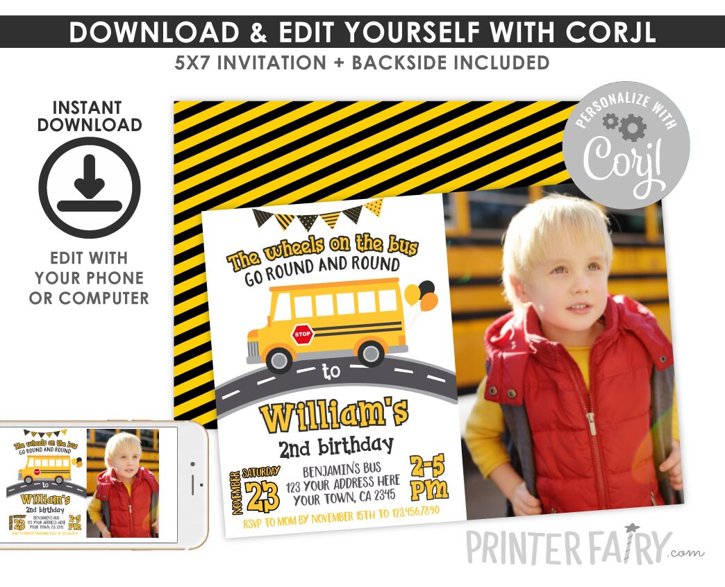 Wheels on the Bus Birthday Invitation, Editable Photo (Digital Download)