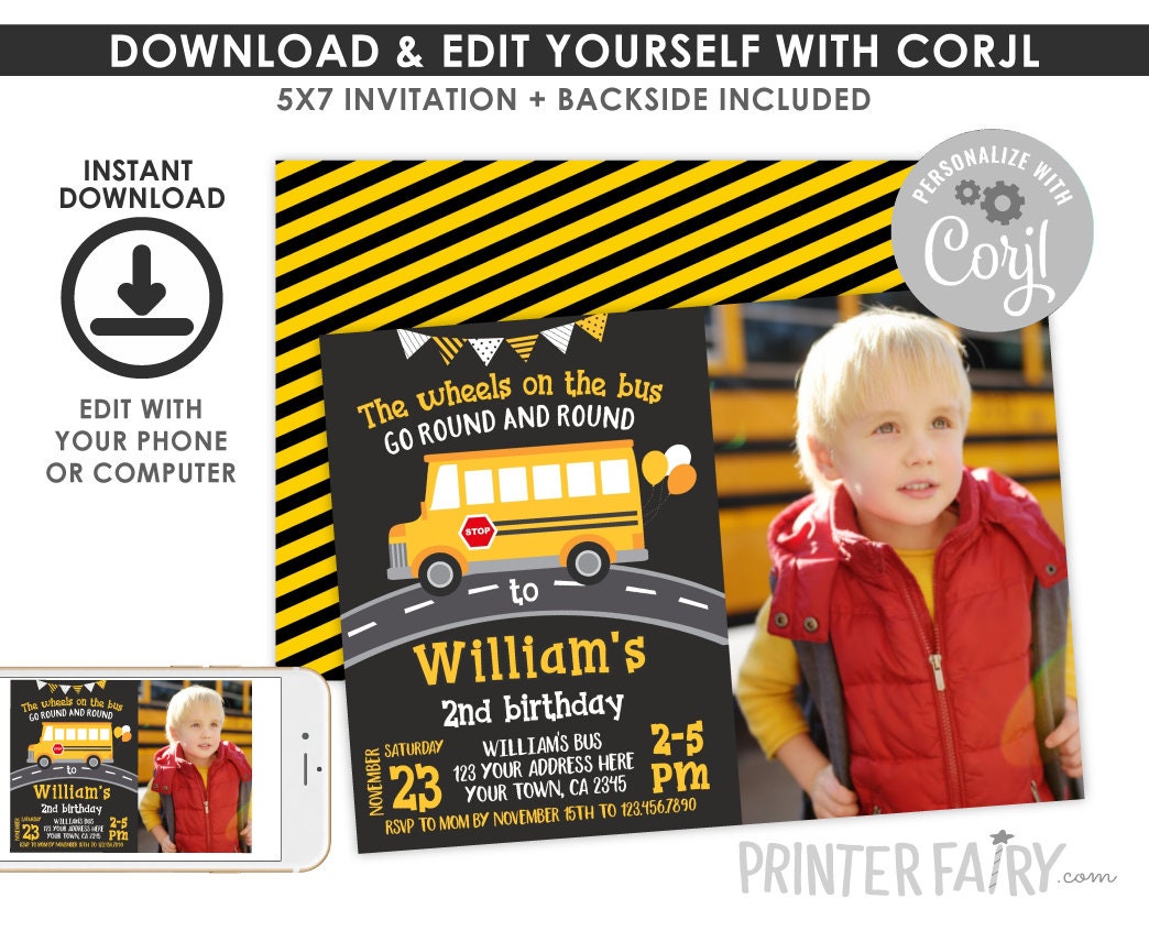 Wheels on the Bus Birthday Invitation with Photo, Editable (Digital Download)
