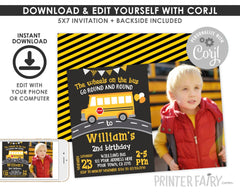 Wheels on the Bus Birthday Invitation with Photo, Editable (Digital Download)