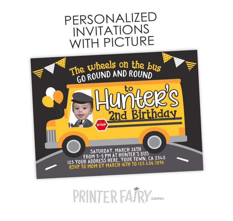 Wheels on the Bus Birthday Invitation with Photo, Personalized Digital Design