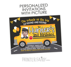 Wheels on the Bus Birthday Invitation with Photo, Personalized Digital Design