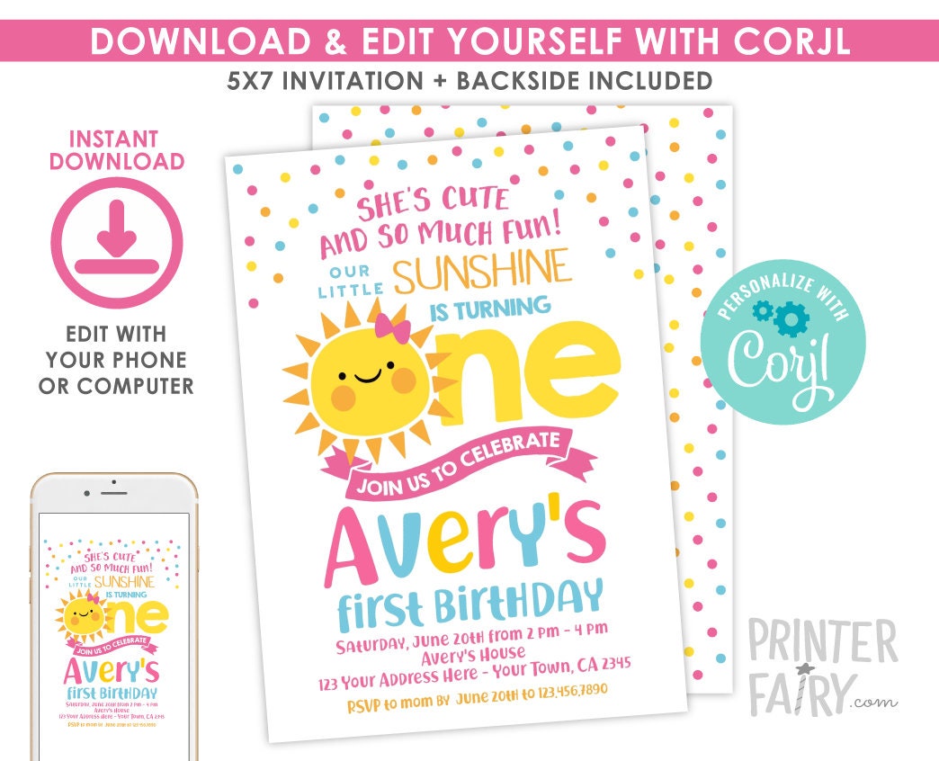 Little Sunshine First Birthday Invitation, Editable Template (Digital Download)