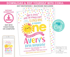 Little Sunshine First Birthday Invitation, Editable Template (Digital Download)