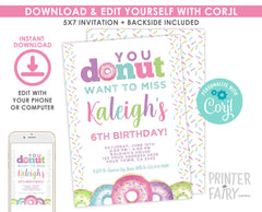 Donut Birthday Invitation, Sprinkles Party, Editable Template (Digital)