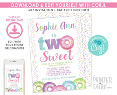 Donut 2nd Birthday Invitation Template, Two Sweet Invite (Instant Download)