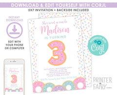 Donut 3rd Birthday Invitation Template, Candyland Party (Instant Download)