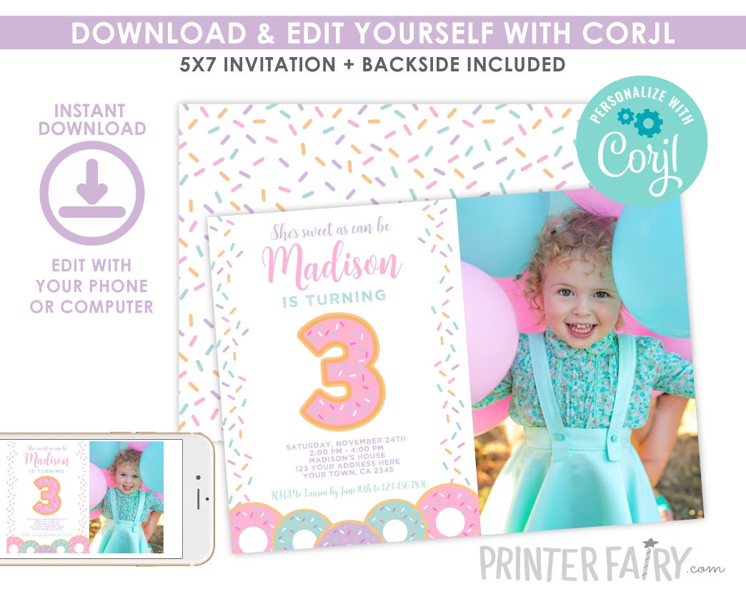 Donut 3rd Birthday Invitation Template, Sprinkle Party (Editable Invitation, Instant Download)