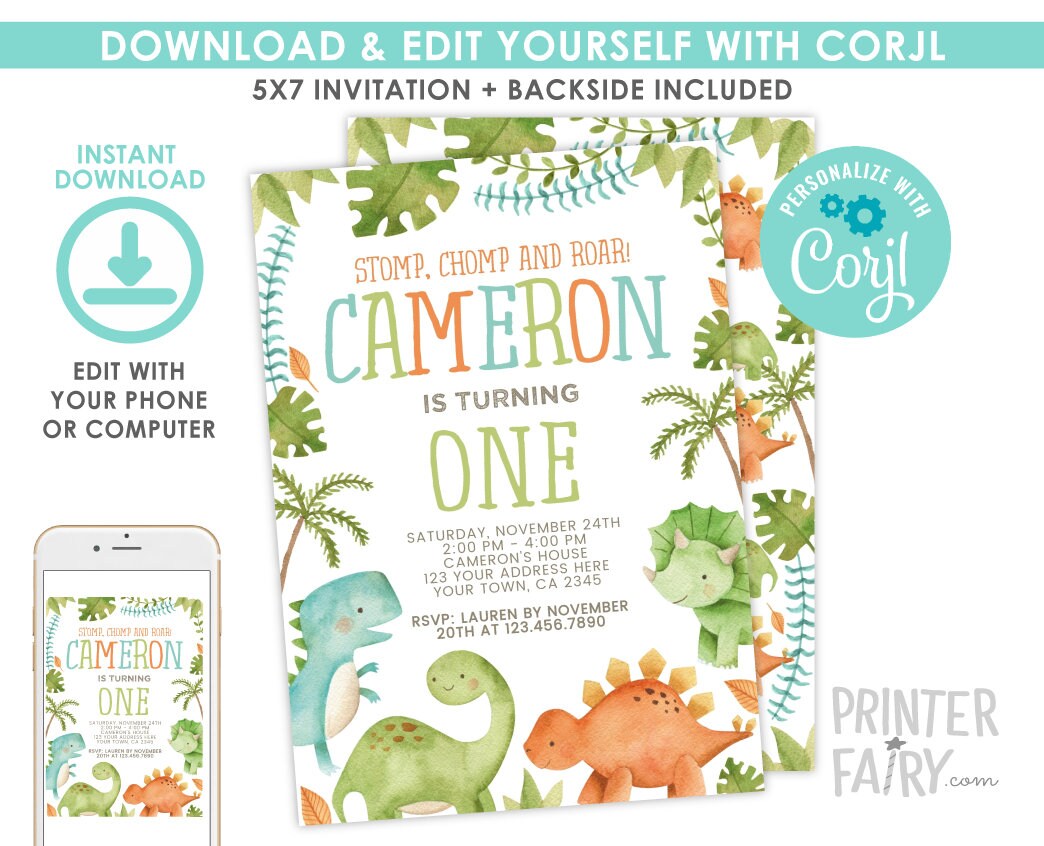 Editable Dinosaur Birthday Invitation, Watercolor Dinosaurs (Digital Download)