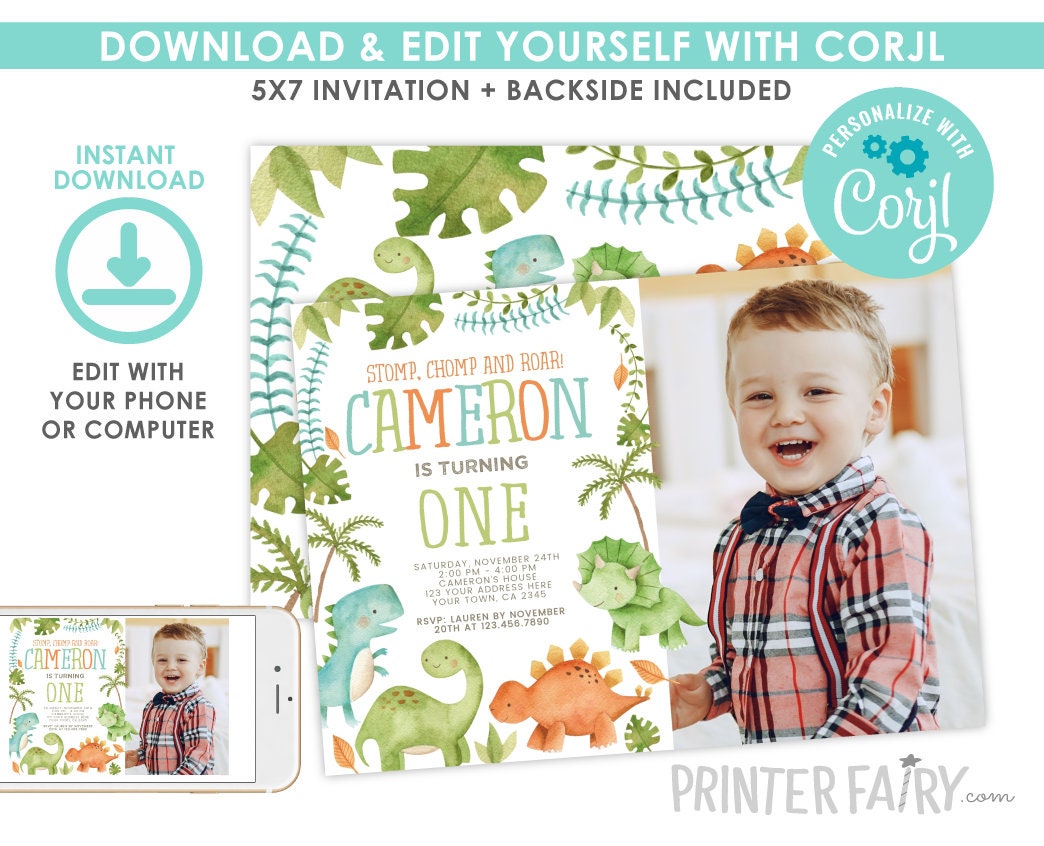 Editable Dinosaur Birthday Invitation with Photo (Digital Download)