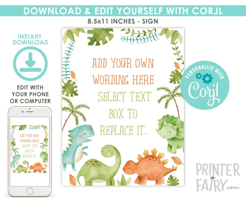 Editable Dinosaur Birthday Sign, Party Decorations (Instant Download)