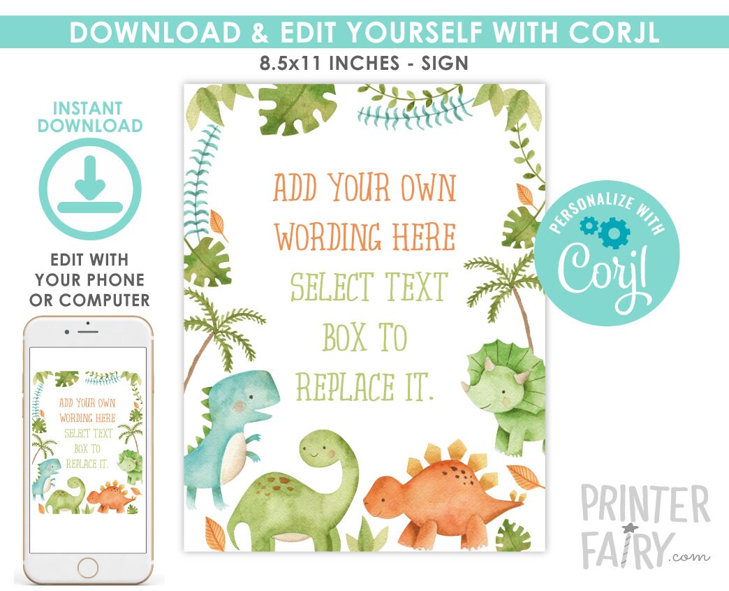 Editable Dinosaur Birthday Sign, Party Decorations (Instant Download)