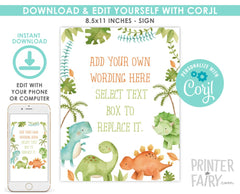 Editable Dinosaur Birthday Sign, Party Decorations (Instant Download)