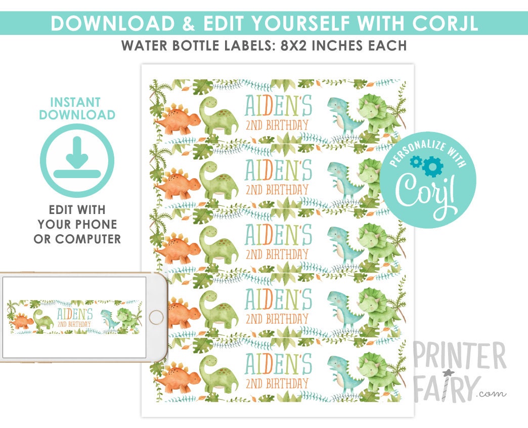 Dinosaur Birthday Water Bottle Labels, Editable Party Decor (Instant Download)