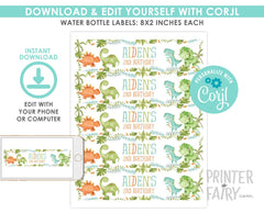 Dinosaur Birthday Water Bottle Labels, Editable Party Decor (Instant Download)