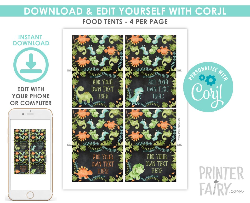 Dinosaur Food Tents, Editable Birthday Place Cards (INSTANT DOWNLOAD)