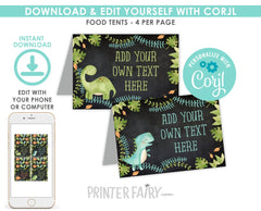 Dinosaur Food Tents, Editable Birthday Place Cards (INSTANT DOWNLOAD)