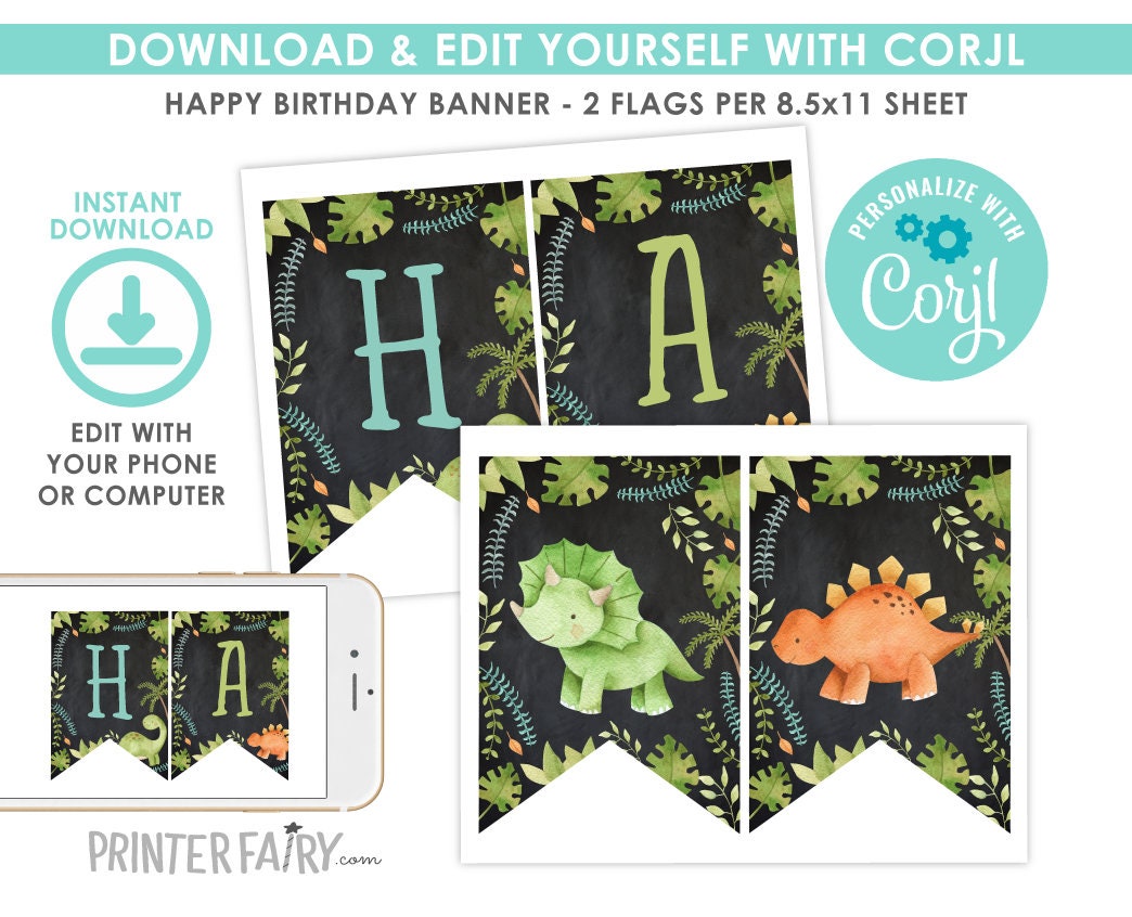 Editable Dinosaur Birthday Banner, Printable Party Decor (Instant Download)