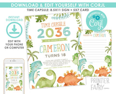 Dinosaur Time Capsule Sign, First Birthday (EDITABLE, INSTANT DOWNLOAD)
