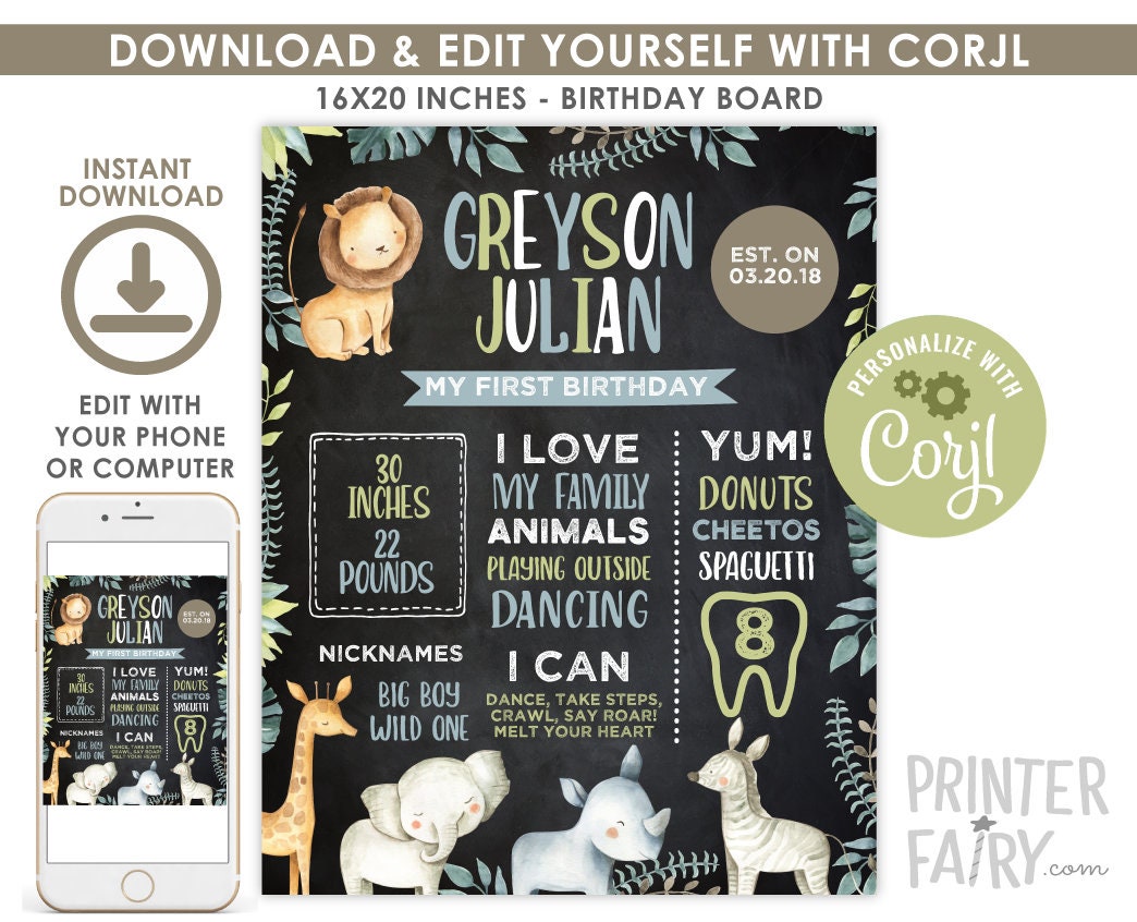 Safari Birthday Board, Editable Jungle Sign (Digital Download)