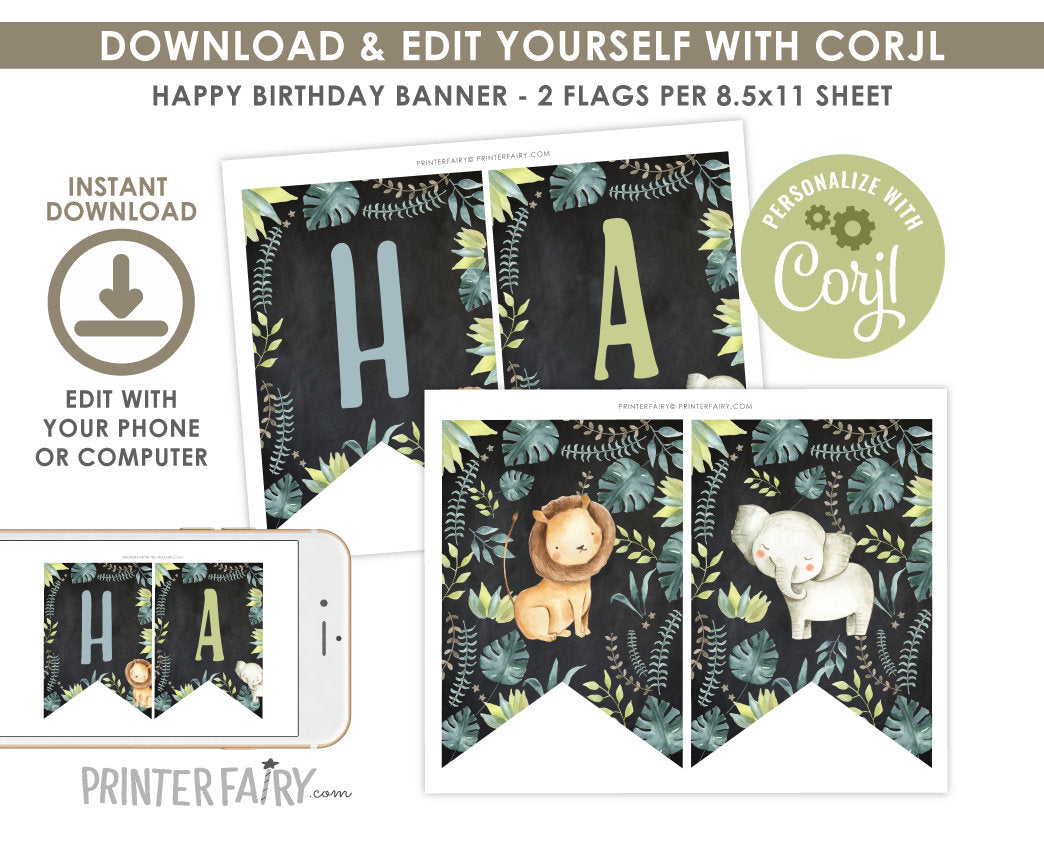 Jungle Safari Birthday Banner, EDITABLE (Digital Download)