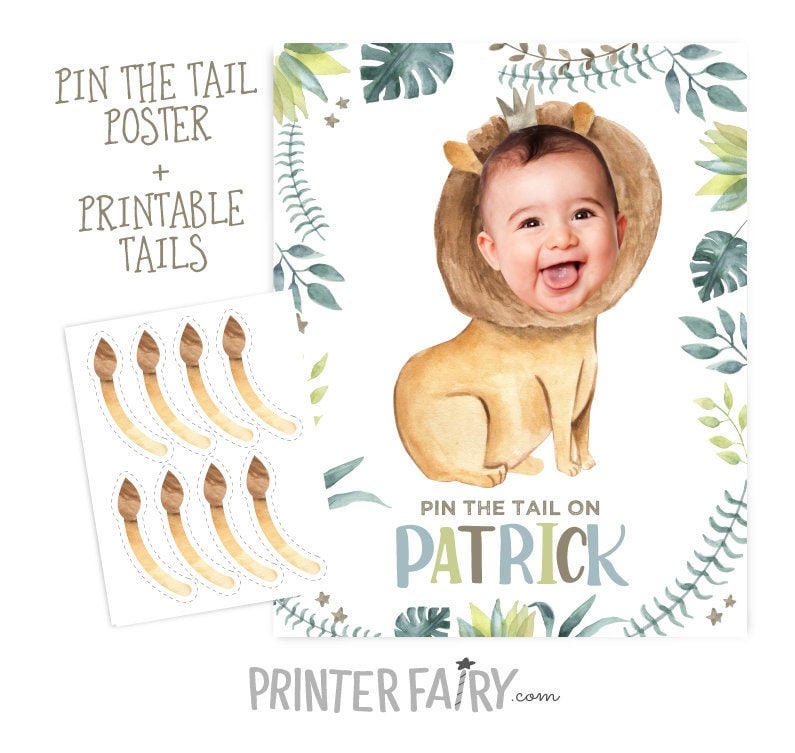 Jungle Birthday Party Personalized Pin the Tail Game with your Photo, Digital Printable Design