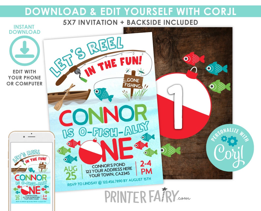Fishing First Birthday Invitation, O-Fish-ally One Party, Gone Fishing Theme (Digital Download)