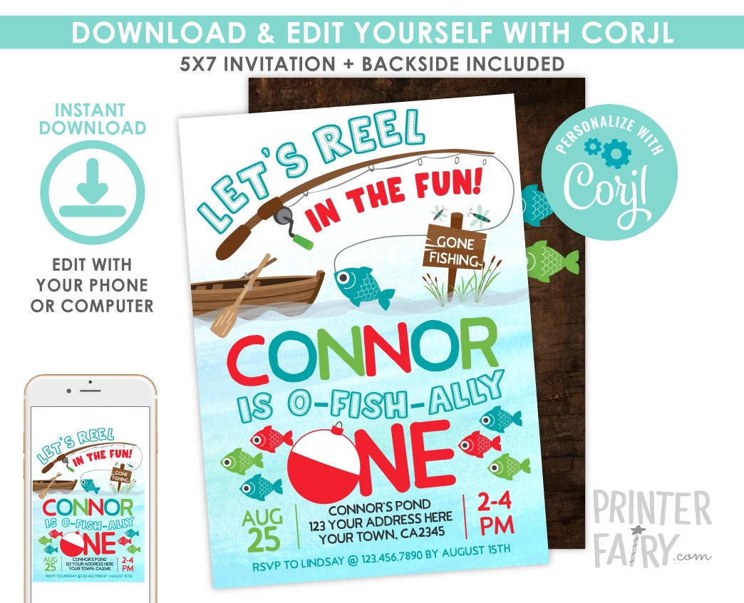 Fishing First Birthday Invitation, O-Fish-ally One Party, Gone Fishing Theme (Digital Download)