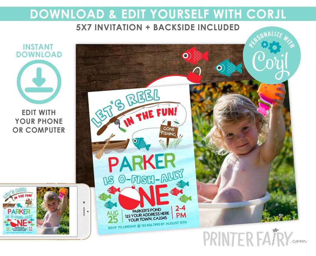 Fishing First Birthday Invitation with Photo, EDITABLE (Digital Download)